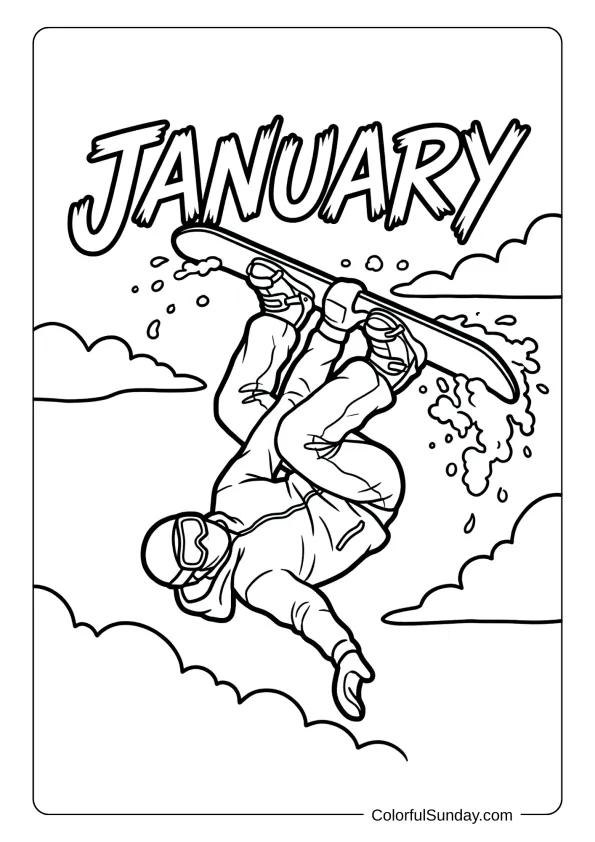 A coloring page showing a snowboarder performing tricks during January season coloring page