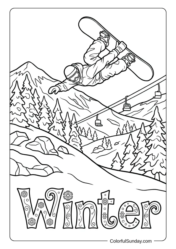 A snowboarder catches air performing tricks in this winter action coloring picture.