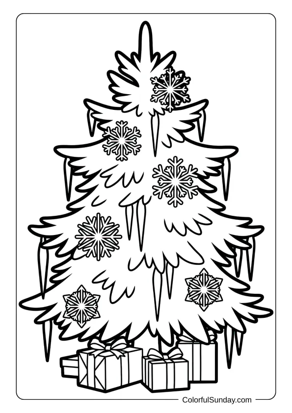A Christmas tree decorated with unique intricate snowflakes and icicles creating winter sparkle beauty coloring page