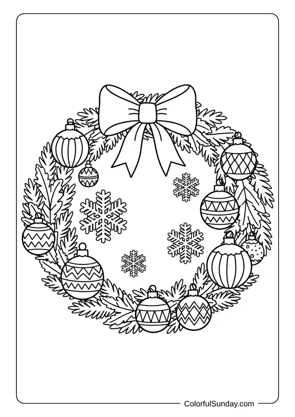 A coloring page of a Christmas wreath with snowflakes and winter decorations.