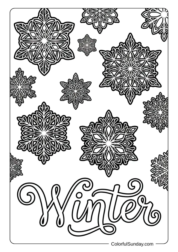 Intricate snowflakes float through the air in this winter patterns coloring picture.