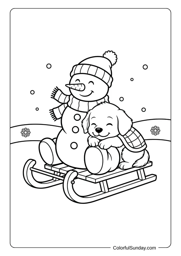 A coloring page of a snowman and dog together on a sled in a sweet winter scene.