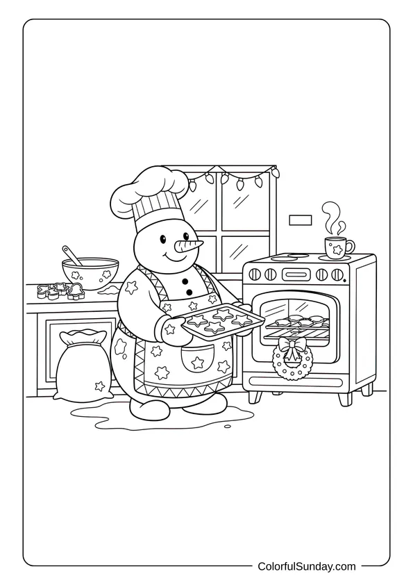 A snowman baking cookies coloring page showing him in a kitchen making festive treats.