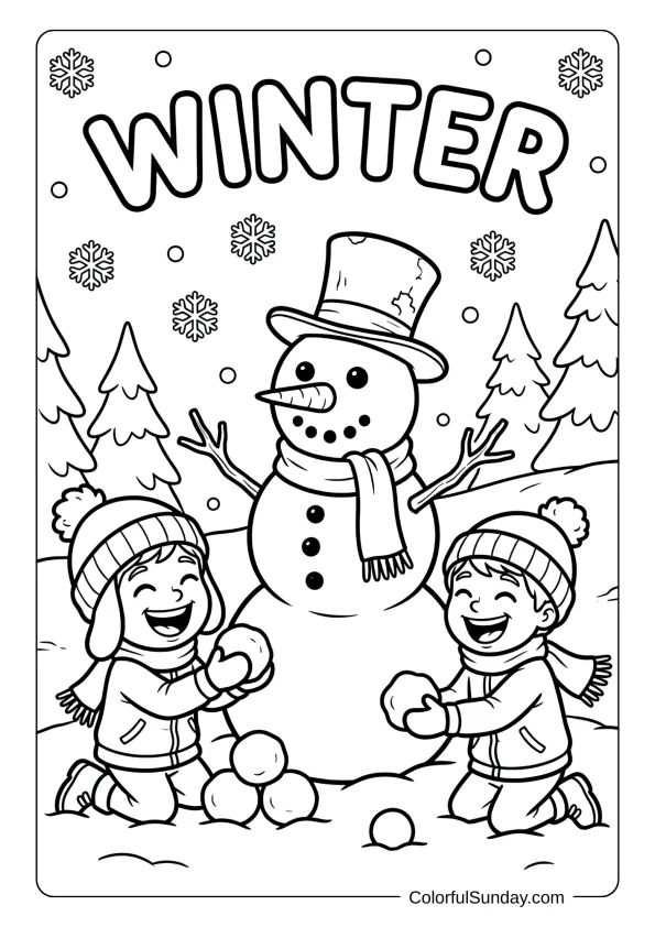 A winter coloring page of children stacking snowballs to create a cheerful snowman.