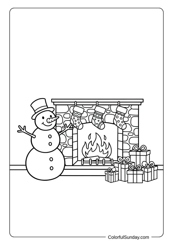 A coloring page of a snowman by a fireplace with presents in a cozy scene.