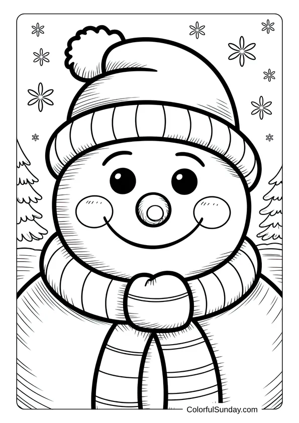 A smiling snowman wearing a beanie and scarf surrounded by snowflakes in a cheerful Christmas coloring page.