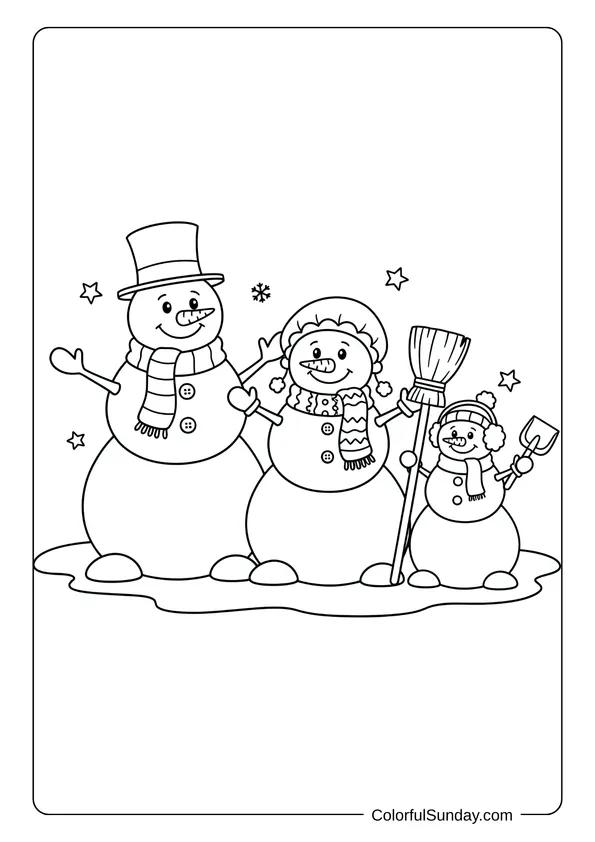 A snowman family coloring page showing multiple snowmen together in a winter scene.