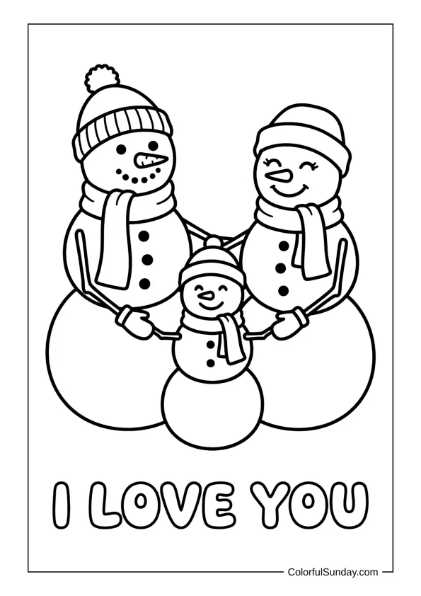 Snowman family hugging with scarves and hats expressing I love you in a wintry coloring page.