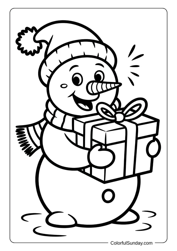 A happy snowman smiles while holding a Christmas present, perfect for a joyful coloring page.