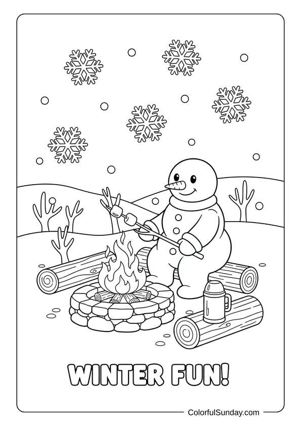 A coloring page of a snowman roasting marshmallows by a fire pit in winter.