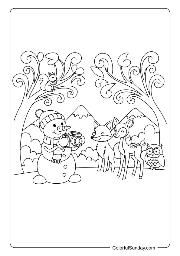 A coloring page of a snowman exploring nature and taking photos with a camera.