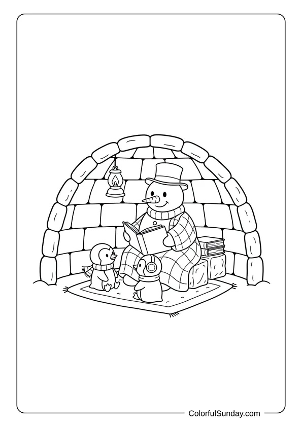 A coloring page of a snowman reading a storybook to penguins in an igloo.