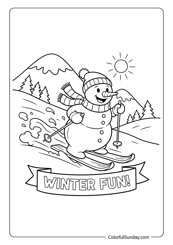 A coloring page of a snowman skiing down a mountain on a snowy slope.