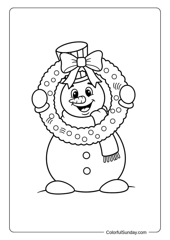 A coloring page of a snowman holding a holiday wreath with a bow decoration.