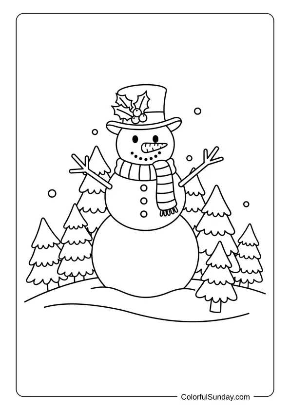 A coloring page of a snowman with holly decorations standing near trees in a winter scene.