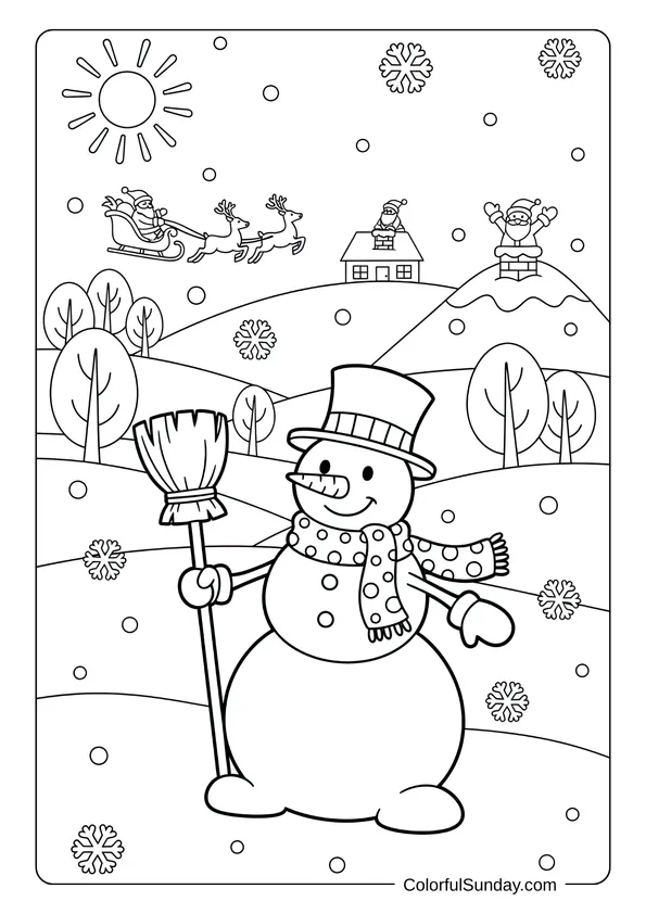 A coloring page of a snowman with Santa coming in the background winter scene.