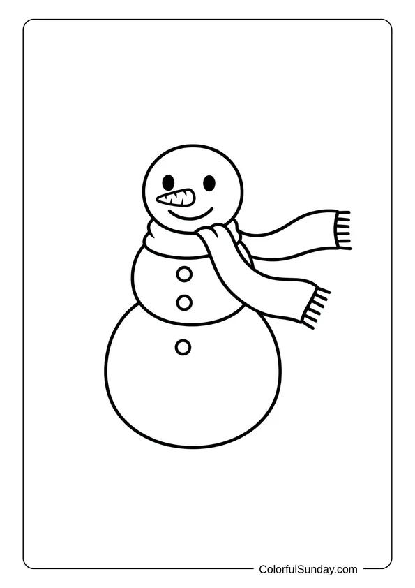 A coloring page of a snowman wearing a cozy scarf with buttons and a smile.