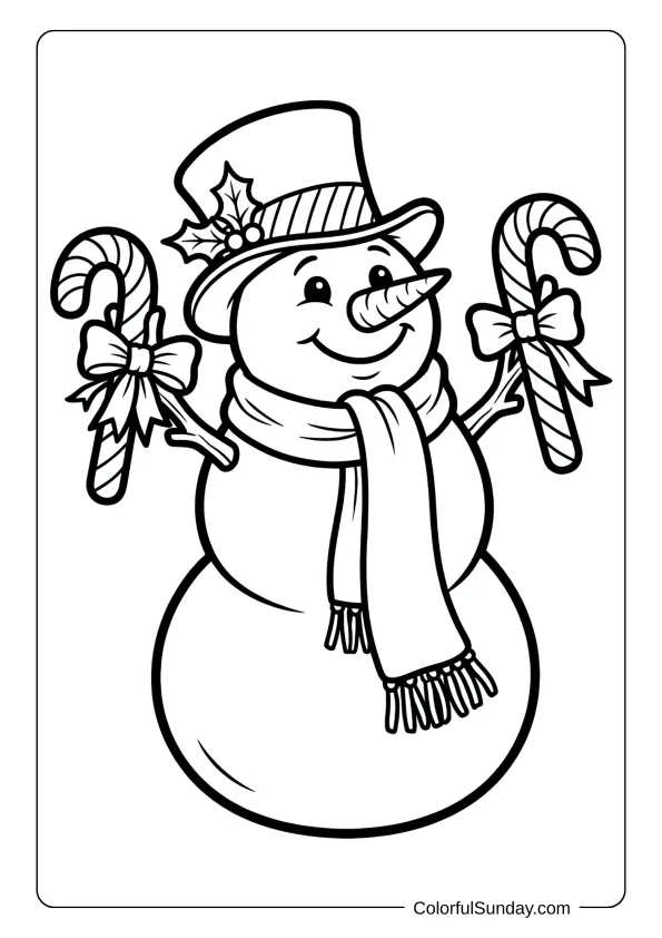 A jolly snowman holding candy canes coloring page wearing a scarf and festive top hat.
