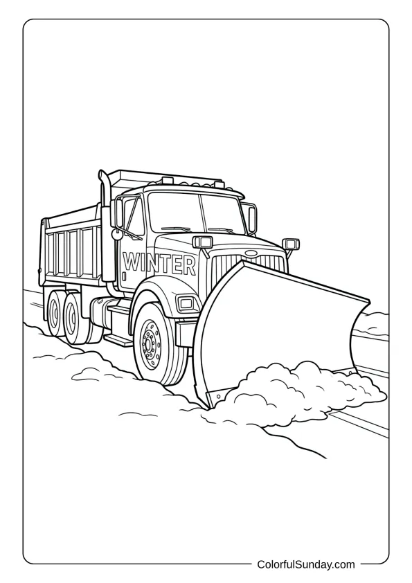 A heavy snowplow clears streets making paths safe in this winter coloring page.