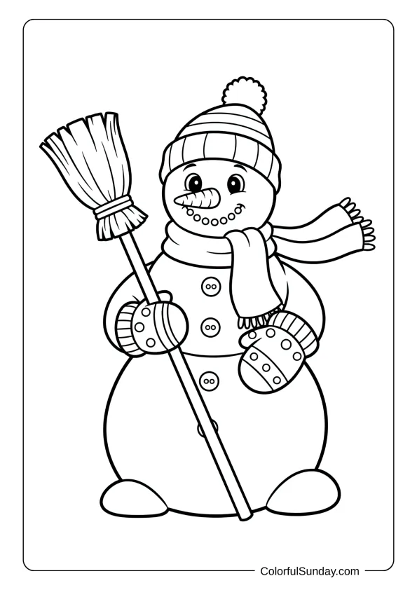 Mittens coloring page featuring a snowwoman wearing mittens and holding a broom.