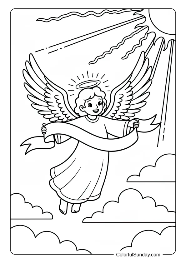 A soaring angel coloring page flying through sunny sky holding a flowing ribbon banner in flight.