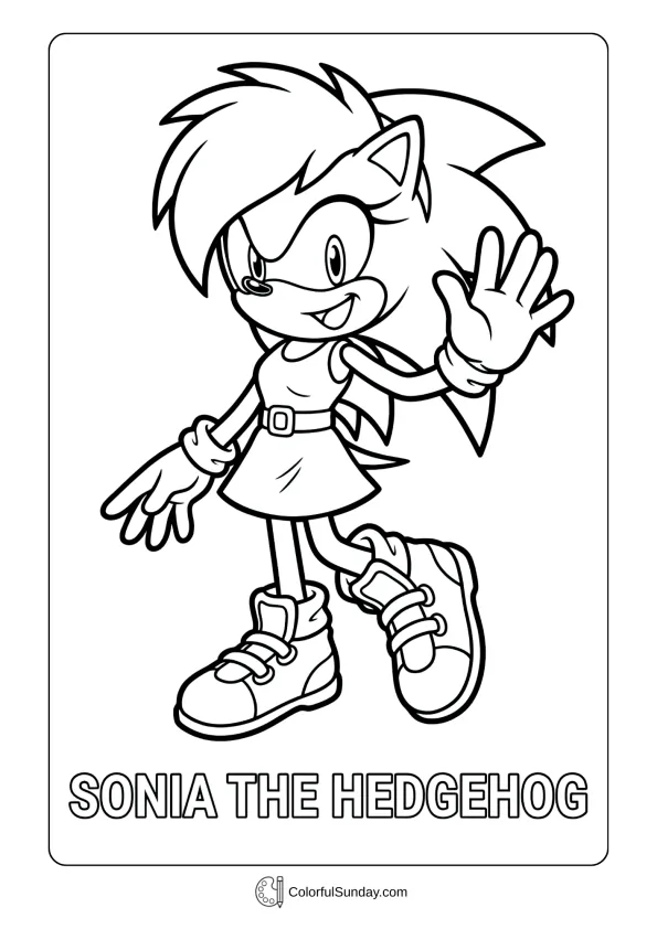 A coloring page of Sonia the Hedgehog posing cheerfully coloring page