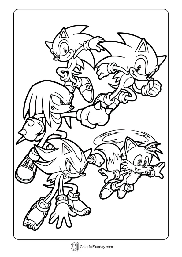 A coloring page of Sonic characters all together coloring page