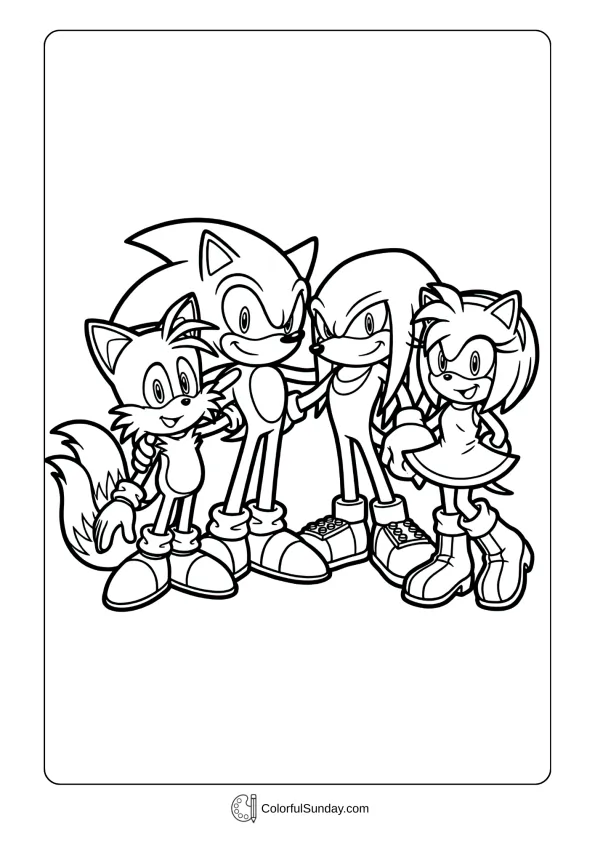 A coloring page of Sonic and friends group with Tails, Knuckles, and Amy coloring page