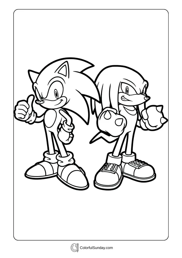 A coloring page of Sonic and Knuckles standing together coloring page