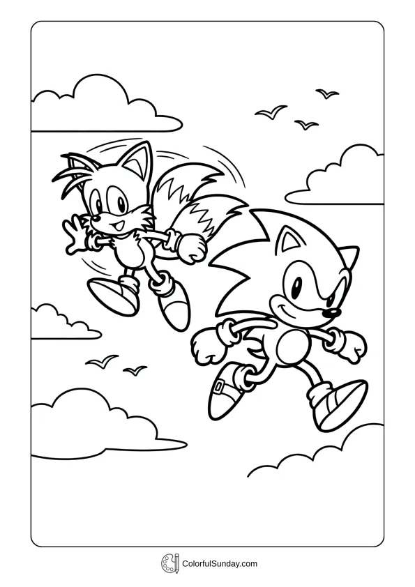 A coloring page of Sonic and Tails flying together coloring page