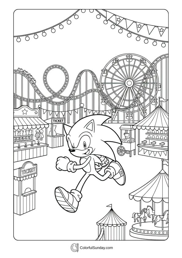 A coloring page of Sonic running through a carnival with rides and lights.