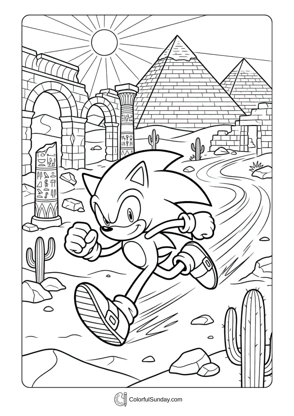 A coloring page of Sonic running through desert ruins with pyramids.