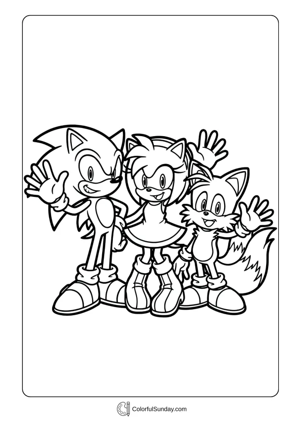 A coloring page of Sonic, Amy and Tails waving together coloring sheet