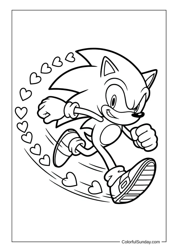 Sonic with hearts coloring page for kids