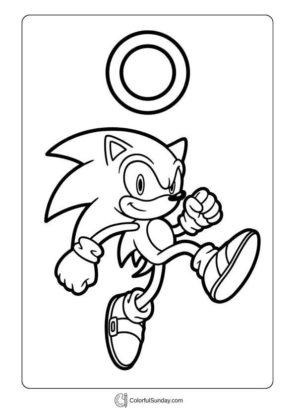 A coloring page of Sonic leaping high with ring coloring page