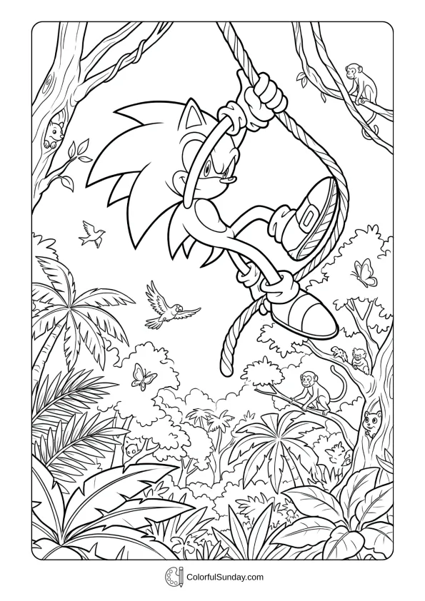 A coloring page of Sonic swinging on vines in a dense jungle.