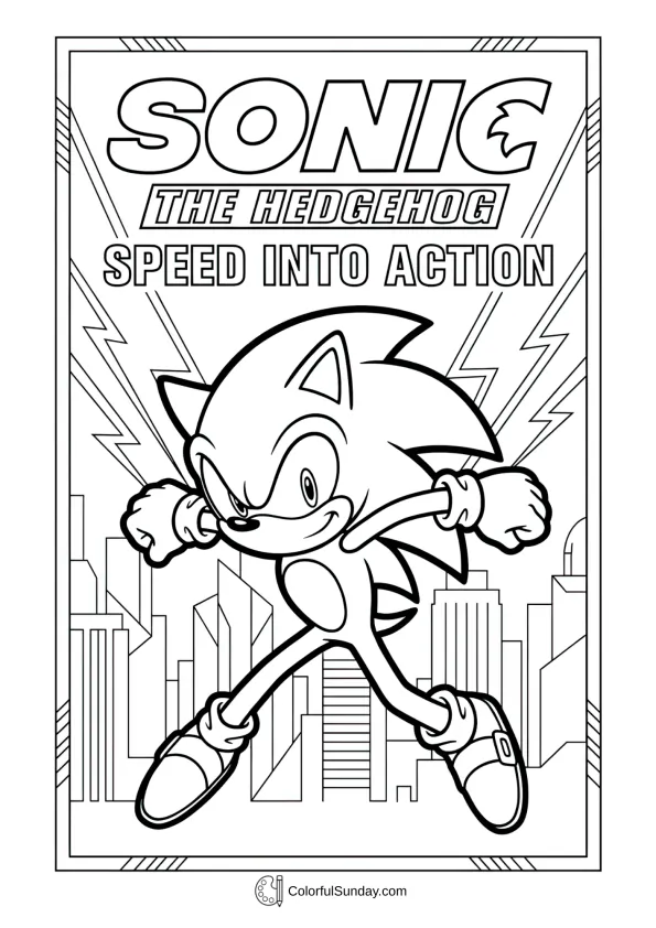 A coloring page of Sonic in movie poster style coloring page