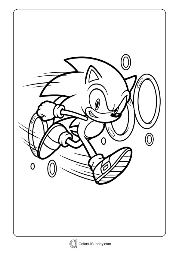 A coloring page of Sonic running through rings coloring sheet