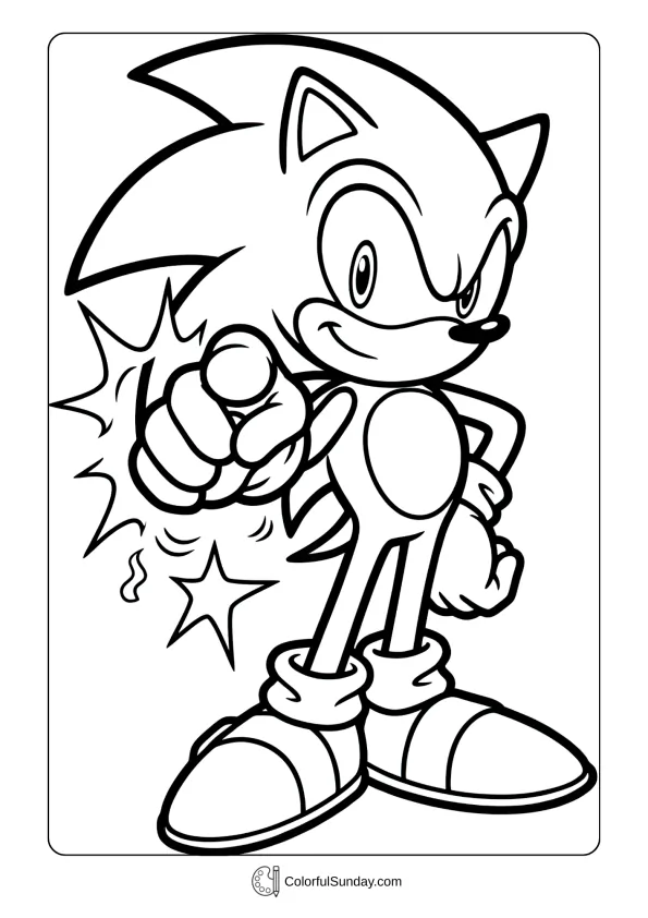 A coloring page of Sonic pointing with stars coloring picture