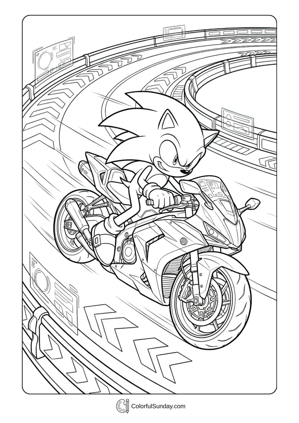 A coloring page of Sonic riding a futuristic racing motorcycle.