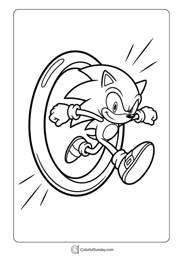 A coloring page of Sonic jumping through ring coloring sheet