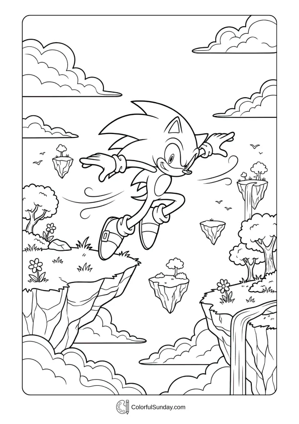 A coloring page of Sonic jumping between floating sky islands.
