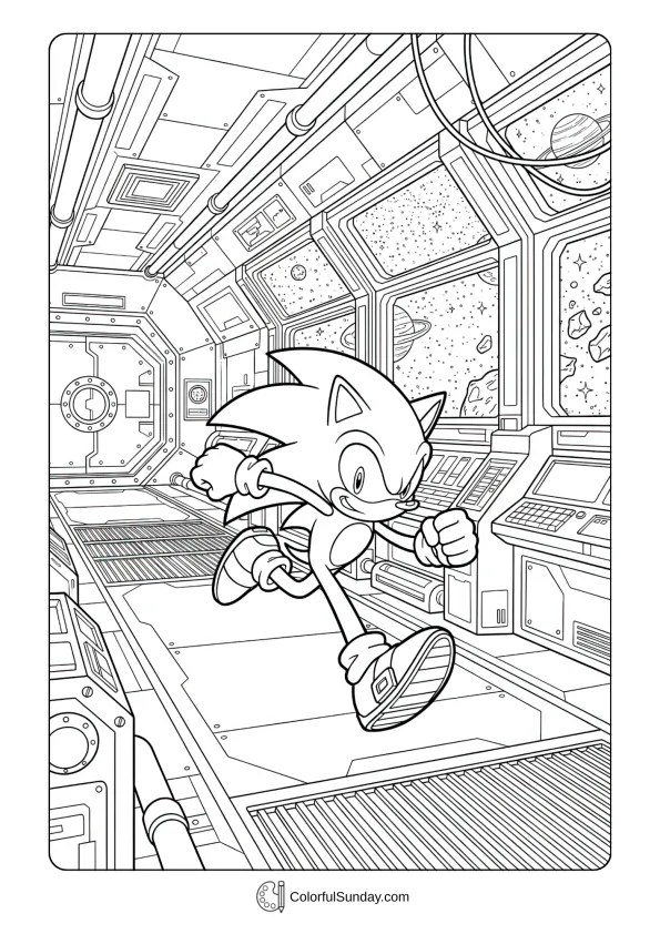 A coloring page of Sonic running inside a space station with stars outside.
