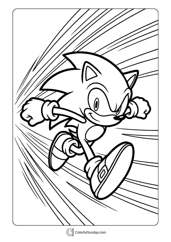 A coloring page of Sonic the Hedgehog speeding forward coloring picture