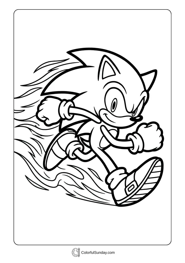 A coloring page of Sonic running at super speed coloring picture