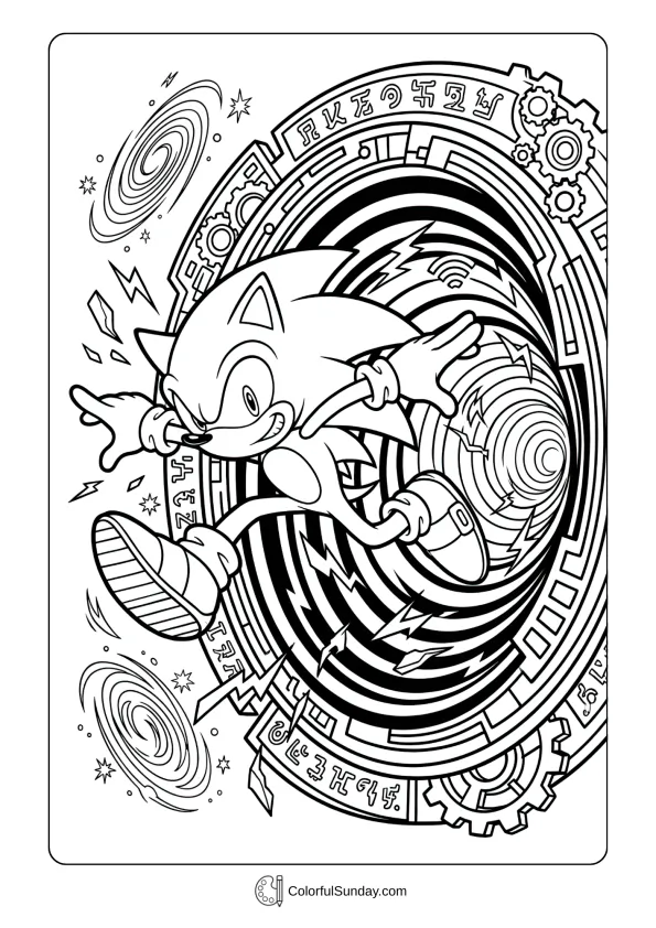 A coloring page of Sonic jumping through a glowing time portal.
