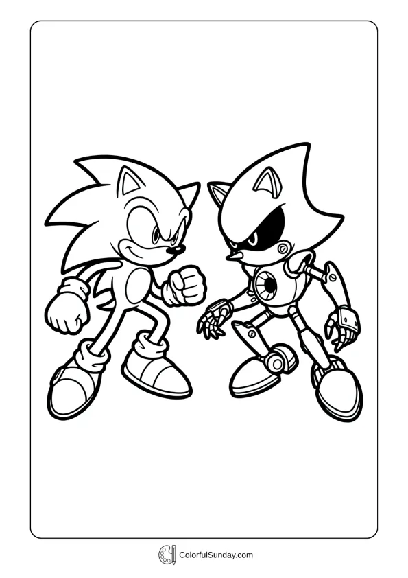 A coloring page of Sonic versus Metal Sonic battle coloring page