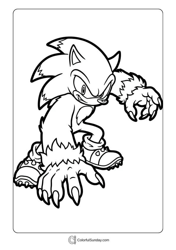 A coloring page of Sonic Werehog in fighting stance coloring page