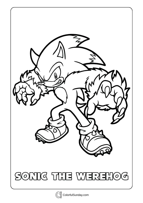 A coloring page of Sonic the Werehog with extended claws in power pose coloring page