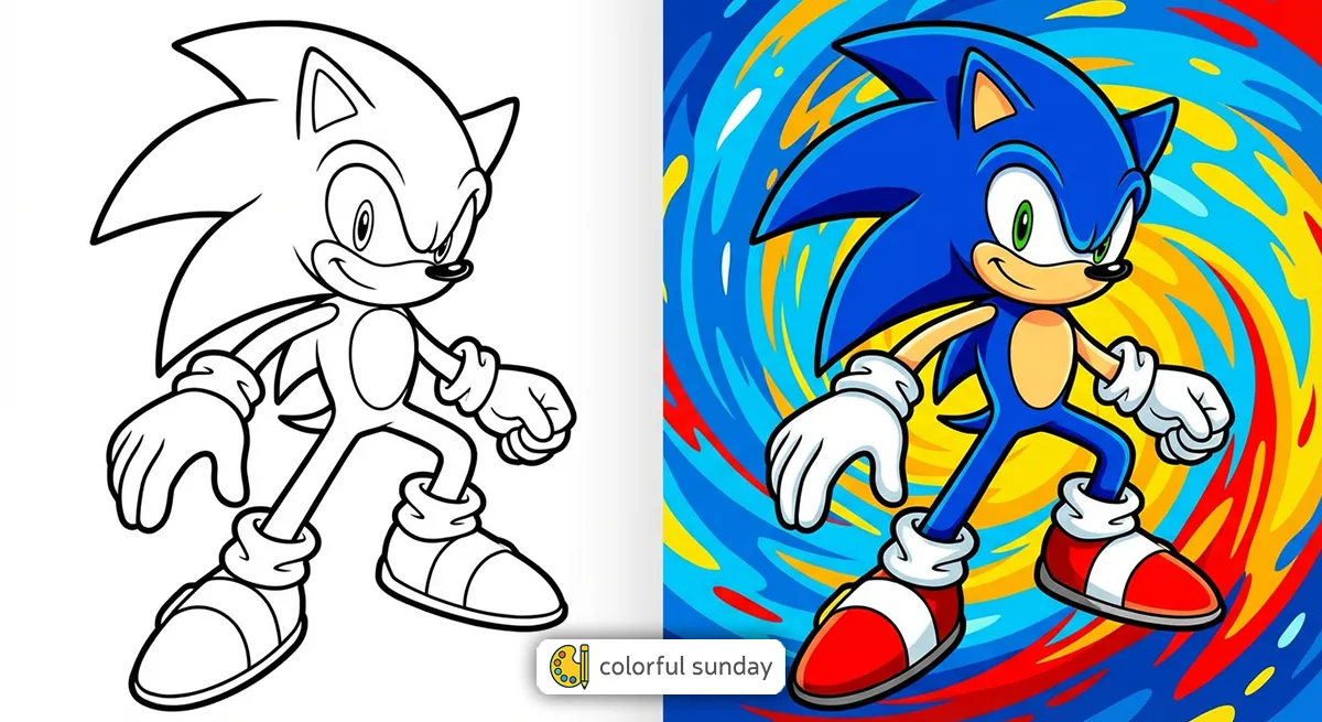 Sonic coloring pages featured image, left side uncolored, right side fully colored